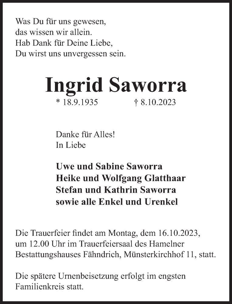 Traueranzeige für Ingrid Saworra vom 12.10.2023 aus Deister- und Weserzeitung