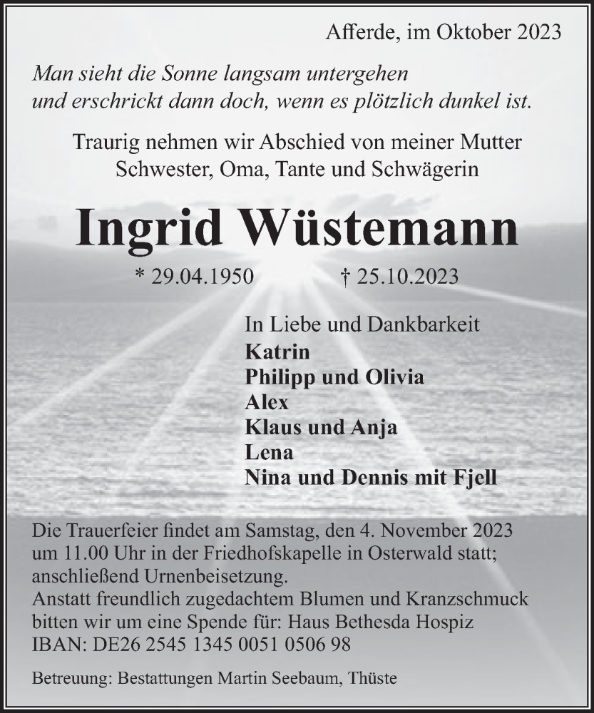  Traueranzeige für Ingrid Wüstemann vom 01.11.2023 aus Deister- und Weserzeitung