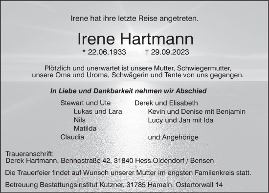 Traueranzeige von Irene Hartmann von Deister- und Weserzeitung