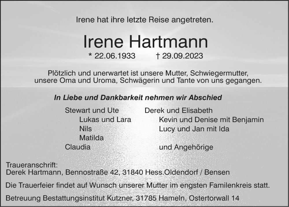  Traueranzeige für Irene Hartmann vom 07.10.2023 aus Deister- und Weserzeitung