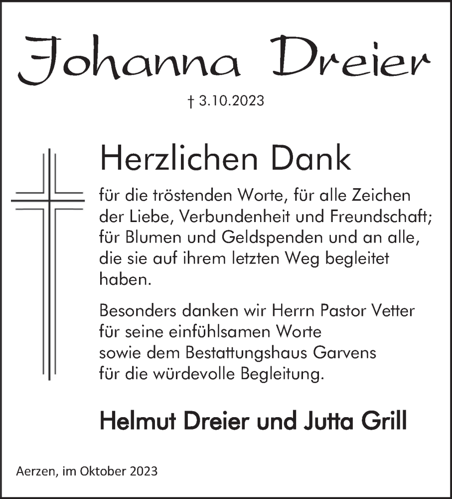  Traueranzeige für Johanna Dreier vom 28.10.2023 aus Deister- und Weserzeitung