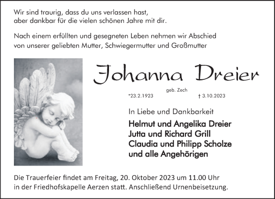 Traueranzeige von Johanna Dreier von Deister- und Weserzeitung