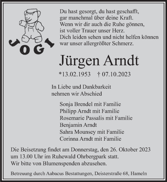Traueranzeige von Jürgen Arndt von Deister- und Weserzeitung