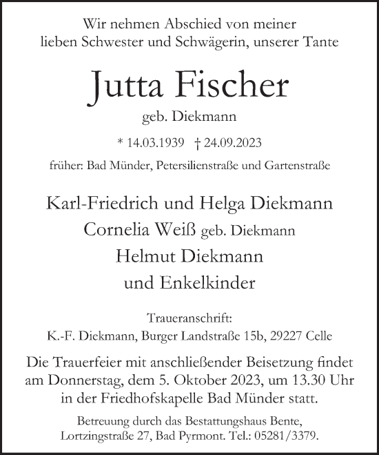 Traueranzeige von Jutta Fischer von Neue Deister-Zeitung