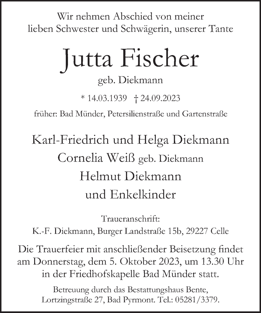 Traueranzeige für Jutta Fischer vom 30.09.2023 aus Neue Deister-Zeitung