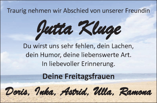 Traueranzeige von Jutta Kluge von Neue Deister-Zeitung