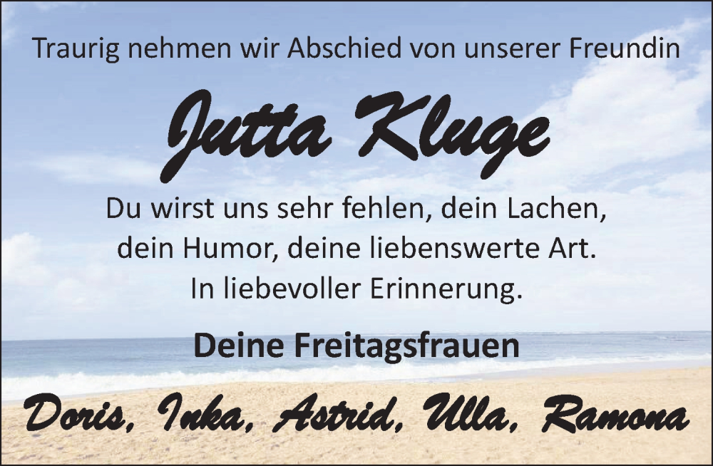  Traueranzeige für Jutta Kluge vom 04.11.2023 aus Neue Deister-Zeitung