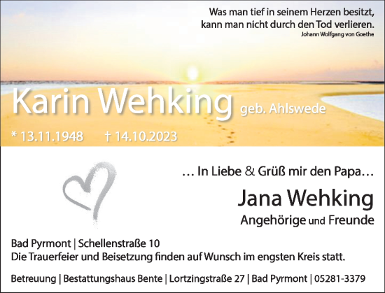 Traueranzeige von Karin Wehking von Deister- und Weserzeitung