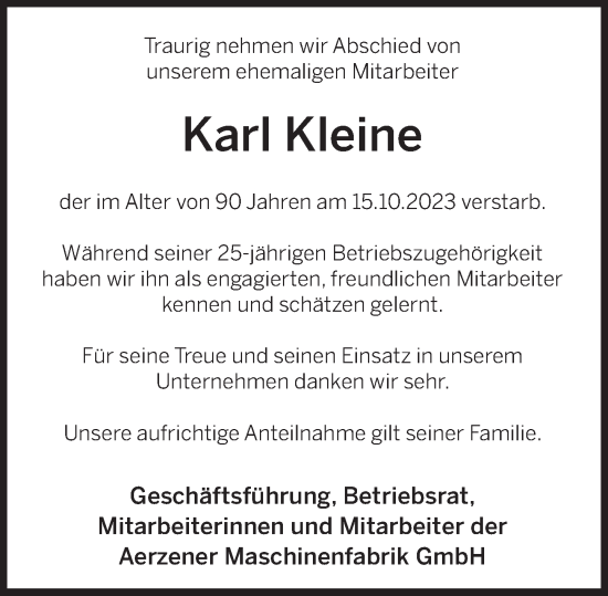 Traueranzeige von Karl Kleine von Deister- und Weserzeitung