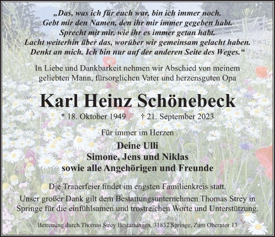 Traueranzeige von Karl Heinz Schönebeck von Neue Deister-Zeitung