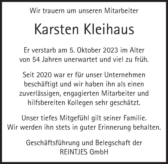 Traueranzeige von Karsten Kleihaus von Deister- und Weserzeitung