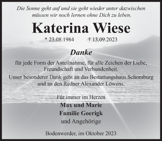 Traueranzeige von Katerina Wiese von Deister- und Weserzeitung