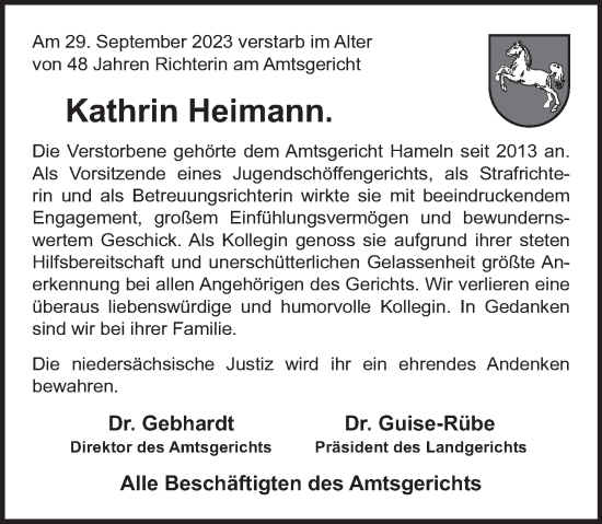 Traueranzeige von Kathrin Heimann von Deister- und Weserzeitung