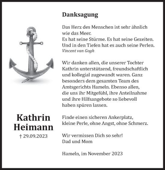 Traueranzeige von Kathrin Heimann von Deister- und Weserzeitung