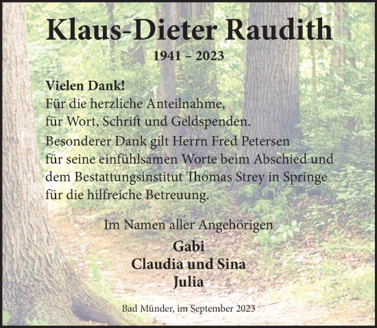 Traueranzeige von Klaus-Dieter Raudith von Deister- und Weserzeitung