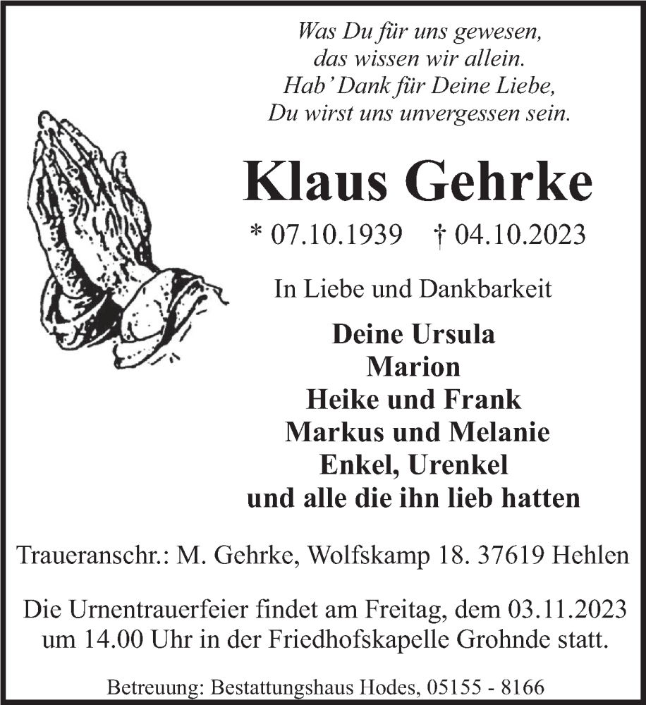  Traueranzeige für Klaus Gehrke vom 28.10.2023 aus Deister- und Weserzeitung