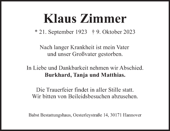 Traueranzeige von Klaus Zimmer von Deister- und Weserzeitung
