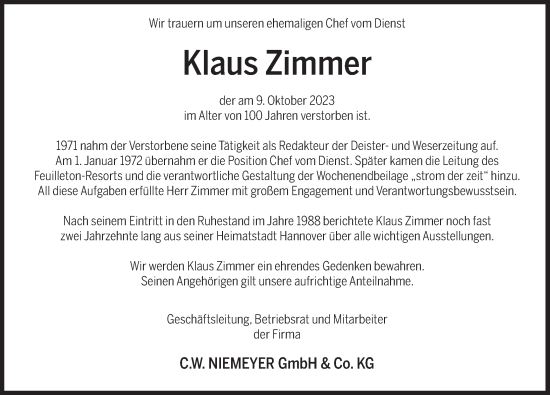 Traueranzeige von Klaus Zimmer von Deister- und Weserzeitung