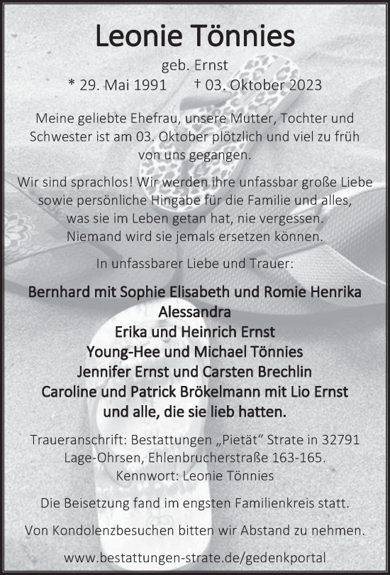 Traueranzeige von Leonie Tönnies von Deister- und Weserzeitung