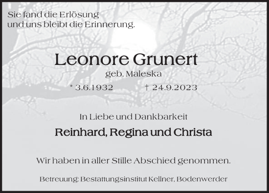 Traueranzeige von Leonore Grunert von Deister- und Weserzeitung