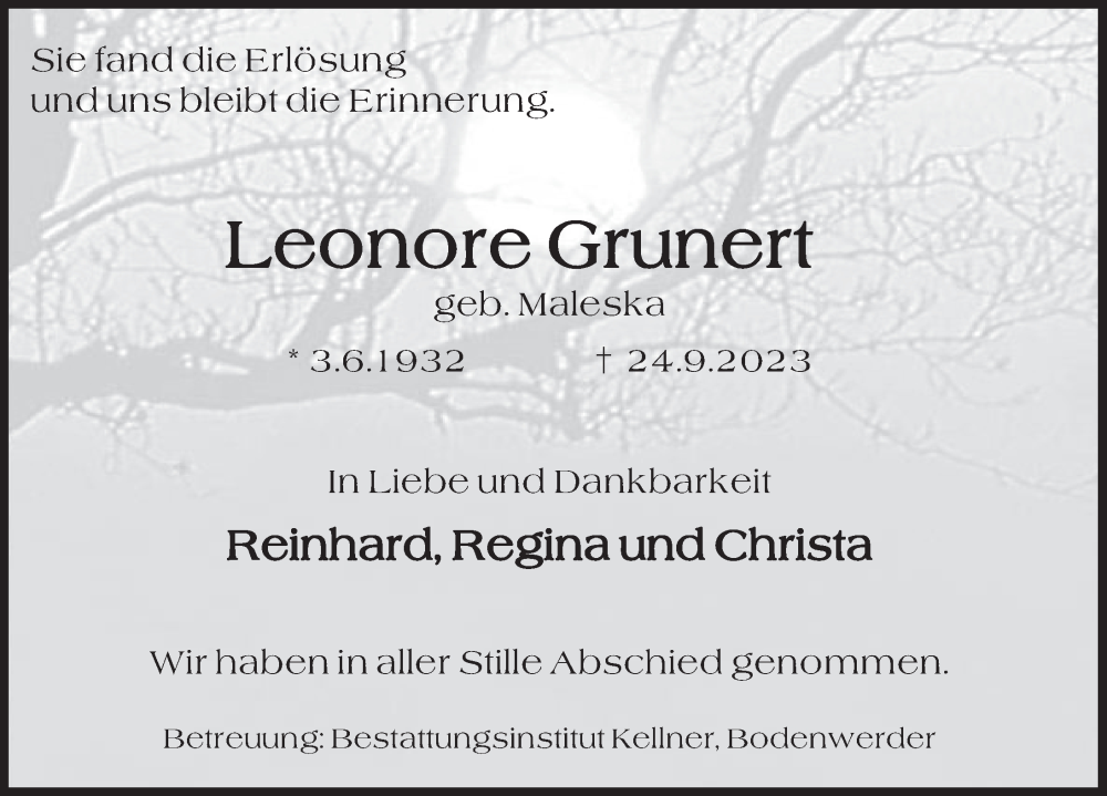  Traueranzeige für Leonore Grunert vom 14.10.2023 aus Deister- und Weserzeitung