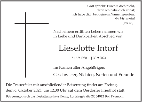 Traueranzeige von Lieselotte Intorf von Deister- und Weserzeitung