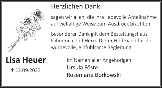 Traueranzeige von Lisa Heuer von Deister- und Weserzeitung