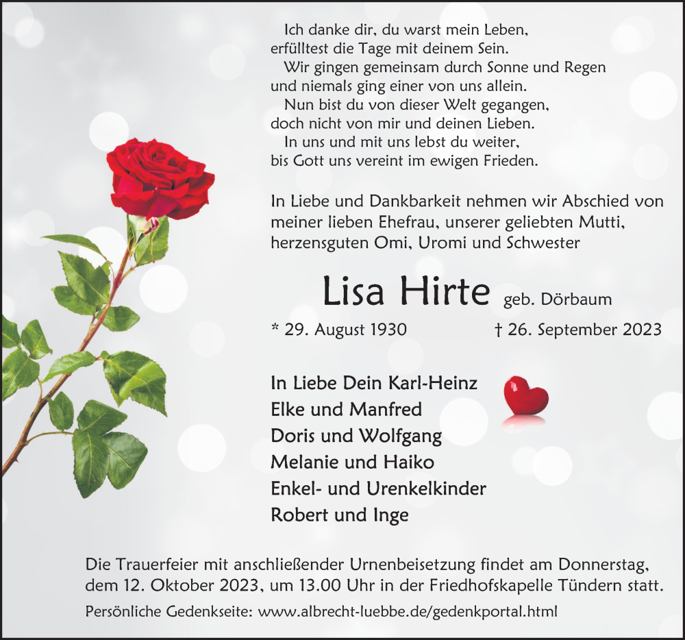  Traueranzeige für Lisa Hirte vom 07.10.2023 aus Deister- und Weserzeitung