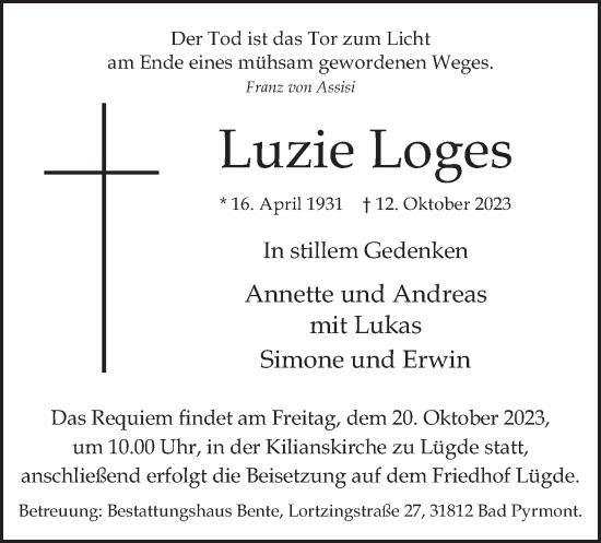 Traueranzeige von Luzie Loges von Deister- und Weserzeitung