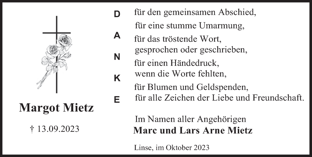  Traueranzeige für Margot Mietz vom 28.10.2023 aus Deister- und Weserzeitung