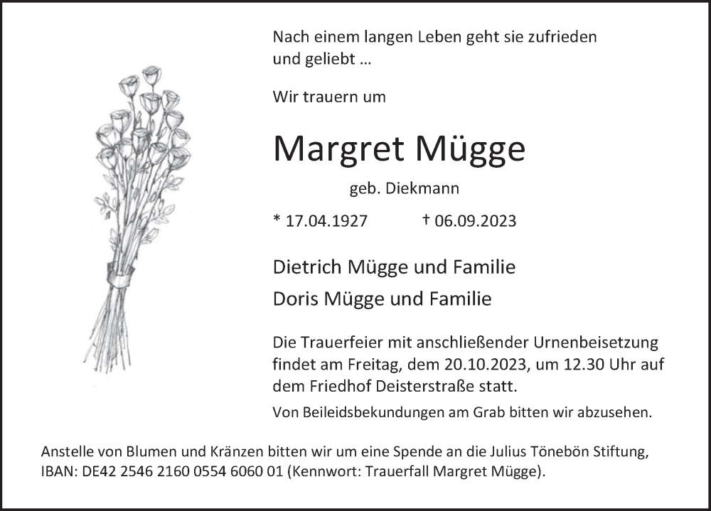  Traueranzeige für Margret Mügge vom 07.10.2023 aus Deister- und Weserzeitung