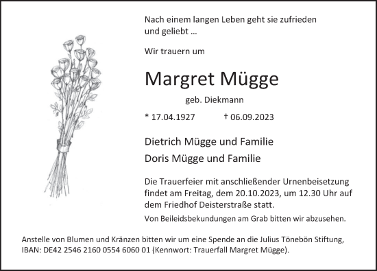 Traueranzeige von Margret Mügge von Deister- und Weserzeitung