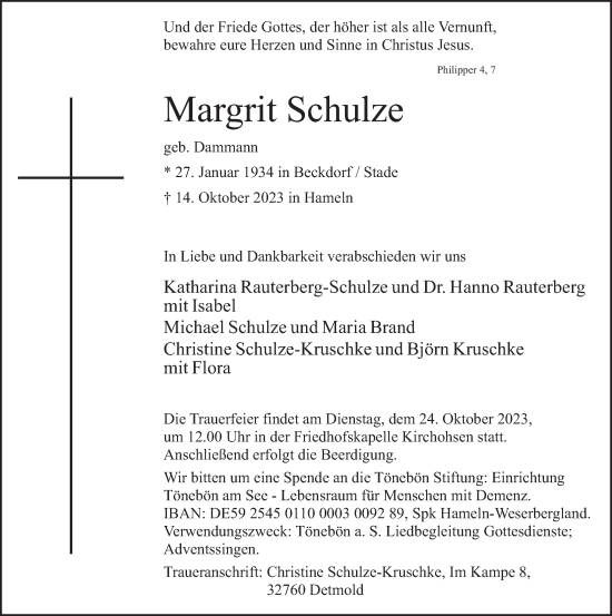 Traueranzeige von Margrit Schulze von Deister- und Weserzeitung