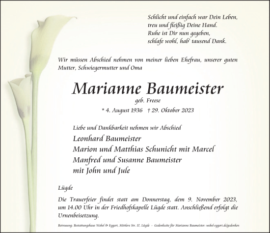 Traueranzeige von Marianne Baumeister von Deister- und Weserzeitung