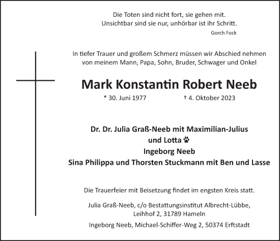 Traueranzeige von Mark Konstantin Robert Neeb von Deister- und Weserzeitung