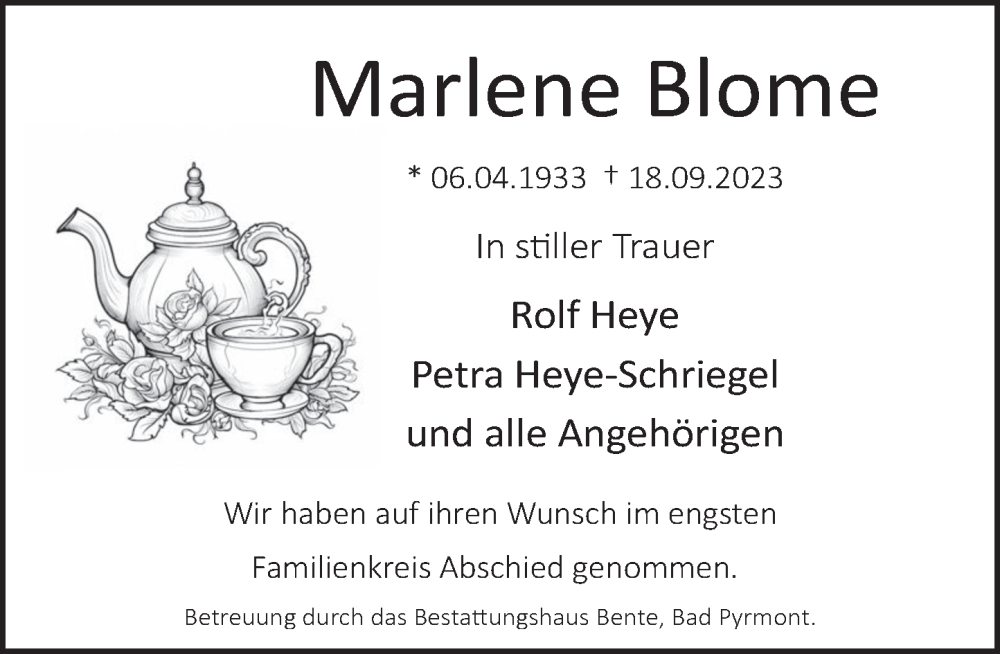  Traueranzeige für Marlene Blome vom 30.09.2023 aus Deister- und Weserzeitung