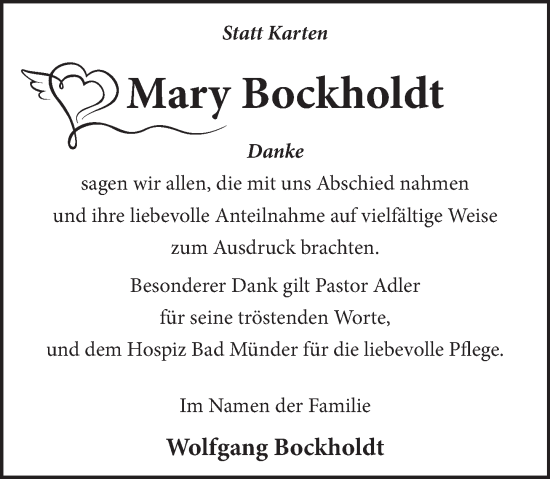 Traueranzeige von Mary Bockholdt von Neue Deister-Zeitung