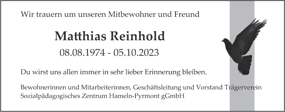  Traueranzeige für Matthias Reinhold vom 14.10.2023 aus Deister- und Weserzeitung