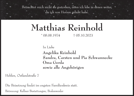 Traueranzeige von Mattinas Reinhold von Deister- und Weserzeitung