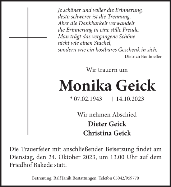 Traueranzeige von Monika Geick von Neue Deister-Zeitung