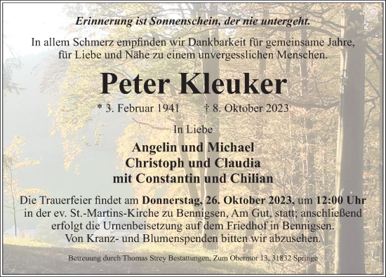 Traueranzeige von Peter Kleuker von Neue Deister-Zeitung