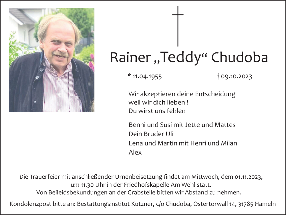  Traueranzeige für Rainer Chudoba vom 21.10.2023 aus Deister- und Weserzeitung