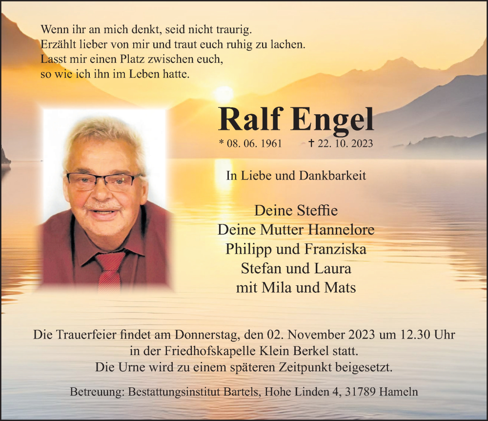  Traueranzeige für Ralf Engel vom 28.10.2023 aus Deister- und Weserzeitung