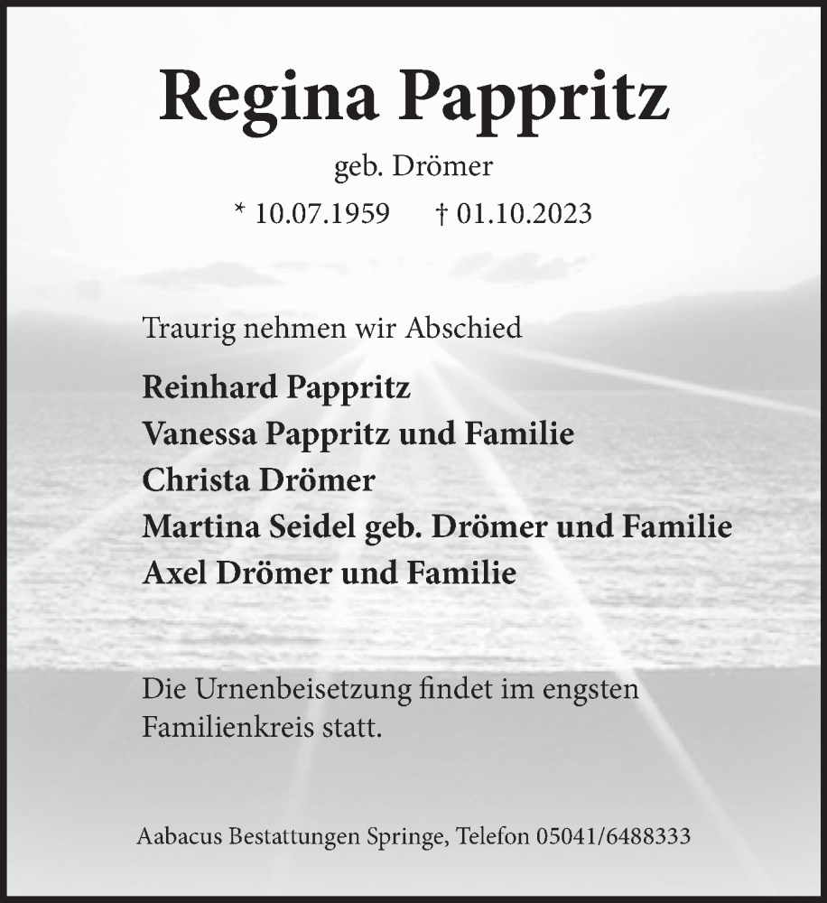  Traueranzeige für Regina Pappritz vom 14.10.2023 aus Neue Deister-Zeitung