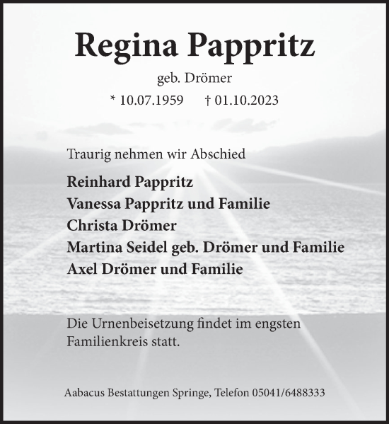 Traueranzeige von Regina Pappritz von Neue Deister-Zeitung