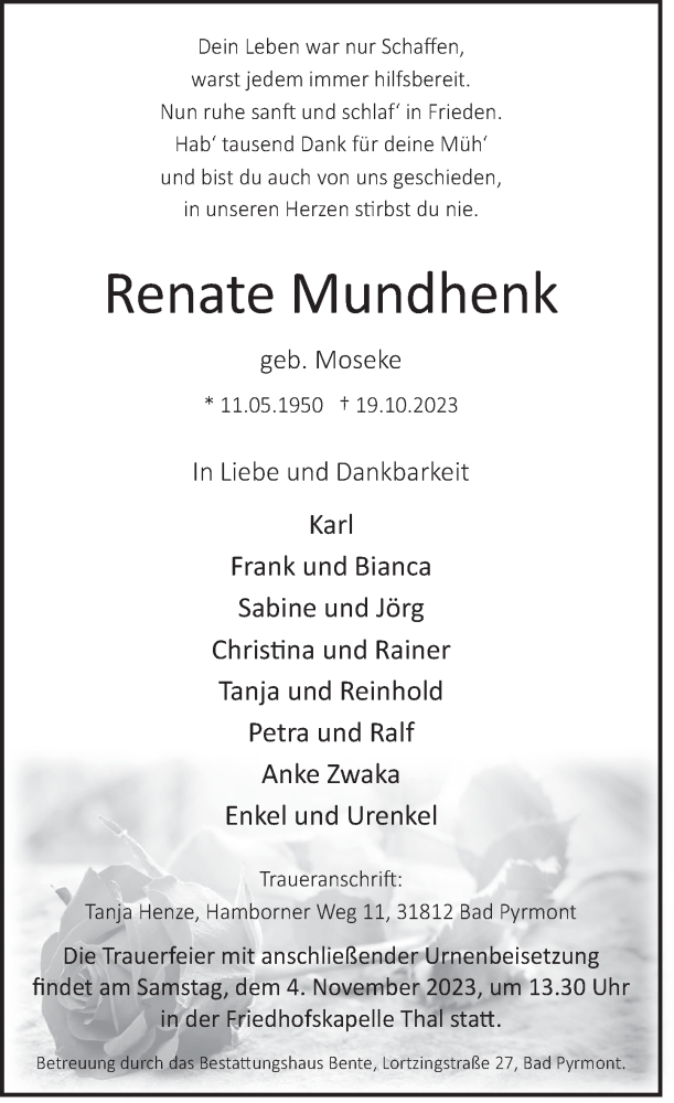  Traueranzeige für Renate Mundhenk vom 28.10.2023 aus Deister- und Weserzeitung