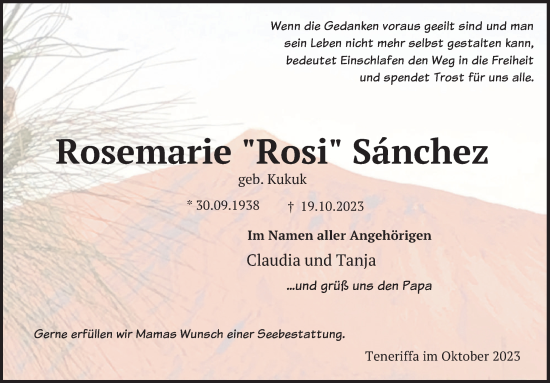 Traueranzeige von Rosemarie Sánchez von Deister- und Weserzeitung