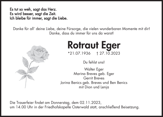 Traueranzeige von Rotraut Eger von Deister- und Weserzeitung