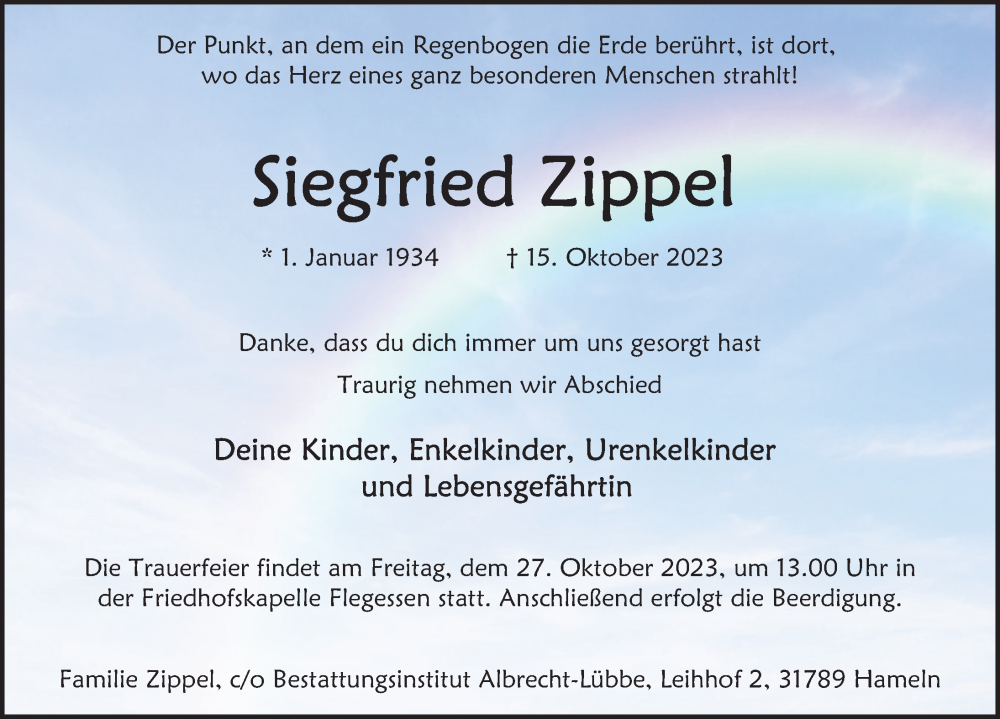  Traueranzeige für Siegfried Zippel vom 21.10.2023 aus Deister- und Weserzeitung