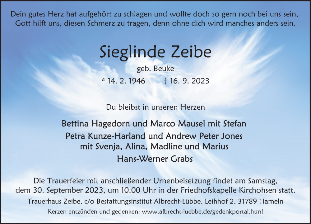  Traueranzeige für Sieglinde Zeibe vom 23.09.2023 aus Deister- und Weserzeitung